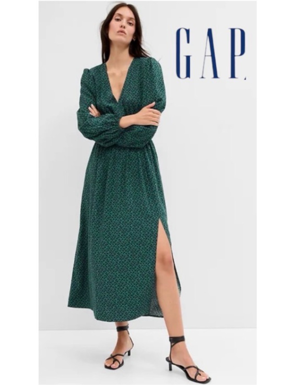 XXL GAP Smocked Waist V Neck Balloon Sleeve Forrest Green Maxi Dress, NWT
